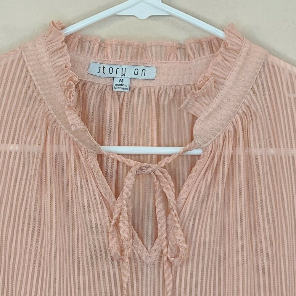 Story On Shirt Women Medium Pink Stripe Popover Sheer Peasant Boho Casual Summer - Picture 8 of 12